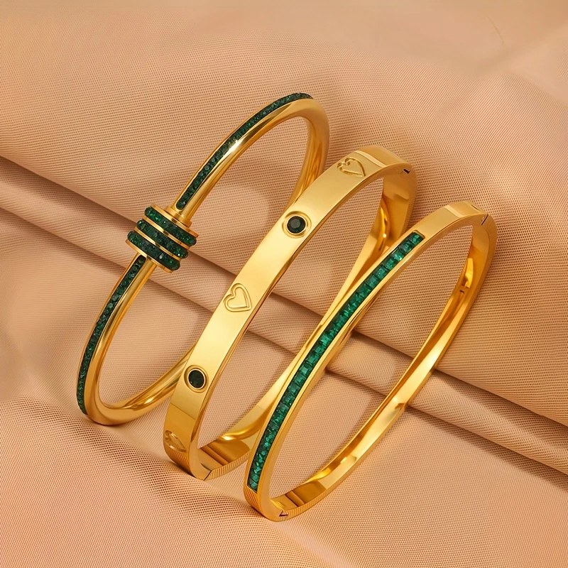 Set 3 brățări fixe placate cu aur și pietre zircon verde